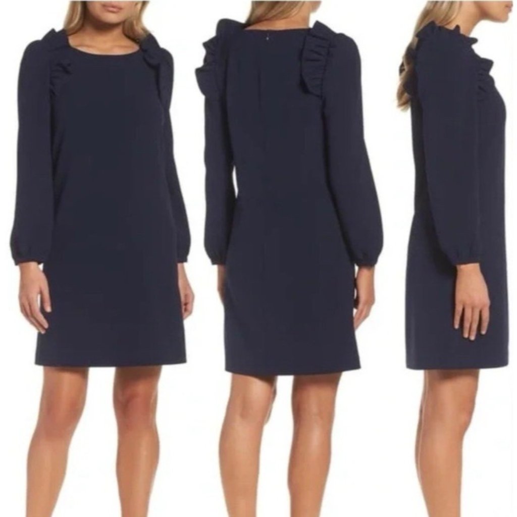 Chelsea28 Dress Navy Blue 14 Stretch Shift Ruffle Long Sleeve Washable
